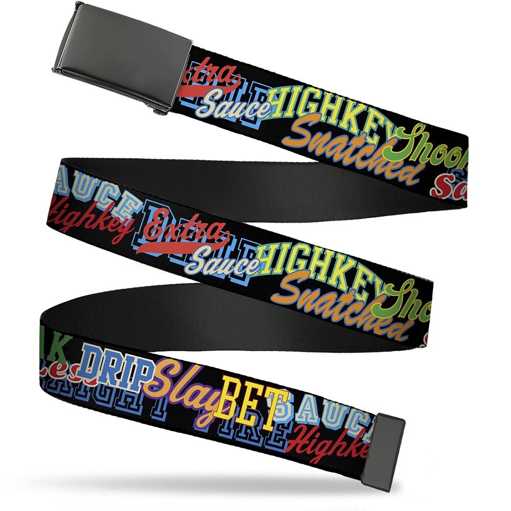 2086 Web Belt Blank Black Buckle - Slang Verbiage Stacked Black/Multi Color
